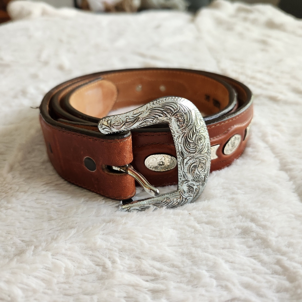 Tony ⭐️ Lama Leather Cowboy Belt Men's Size 36 Beautiful Buckle Metal Inlays